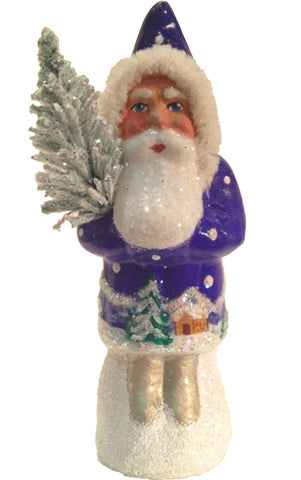 German Papier Mache Sparkly Santa with Painted Scene Blue Coat