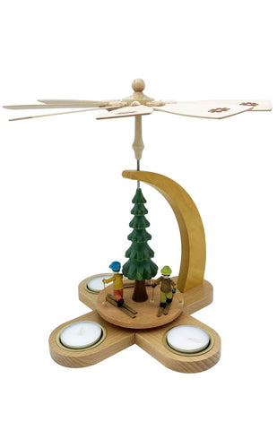 German Christmas Pyramid: Skiers with 3 Tea Lights