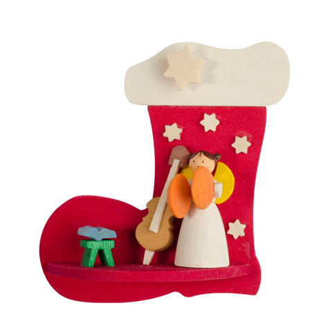 German Christmas Ornament: Angel with Stocking & Musical Instruments