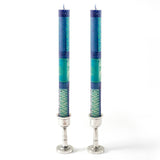 Pair of Hand Crafted Dinner Candles, Blue & Green