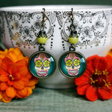 Calavera Earrings with Yellow Eyes, Handmade in Detroit
