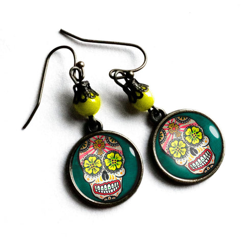 Calavera Earrings with Yellow Eyes, Handmade in Detroit