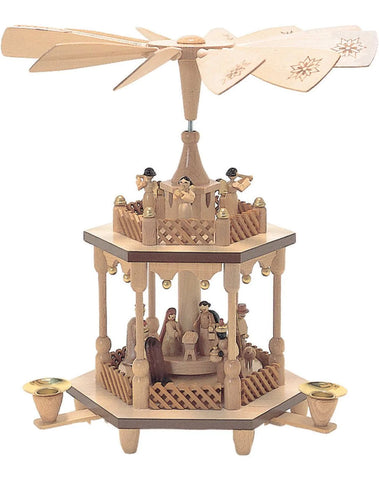 German Christmas Pyramid: Nativity with Angels, Natural Finish, 2 Tier