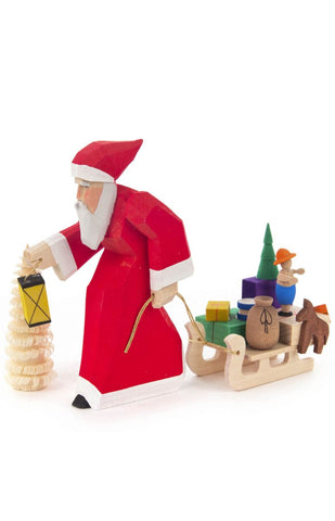 German Christmas Ornament: Hand Carved Father Christmas with Sled (Weihnachtsmann mit Schlitten)