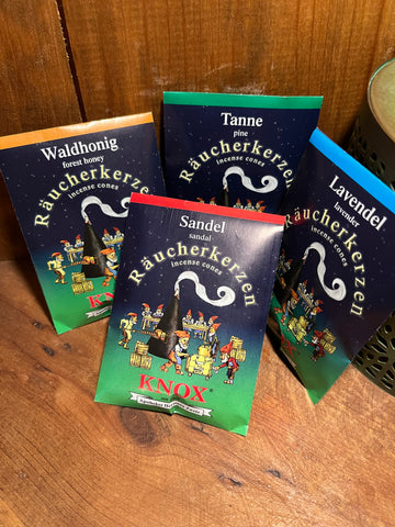 German Incense: Original Knox Räucherkerzen, in Sampler Packets of 5 Cones