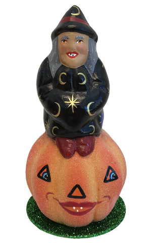 German Papier Mache Witch on Jack o' Lantern for Hallowe'en