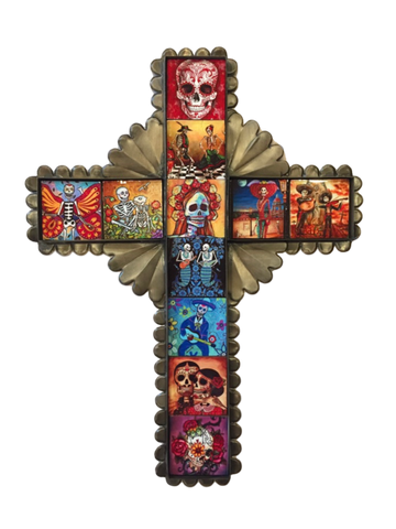 Tin Cross with Day of the Dead Tiles, Large