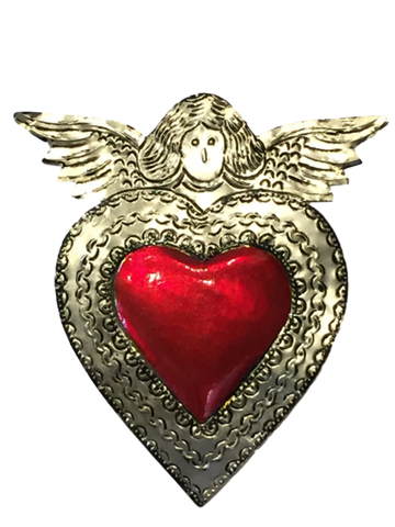 Mexican Tin Large Angel with Painted Red Heart