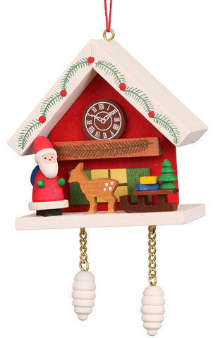 German Christmas Ornament: Santa with Red Cuckoo Clock