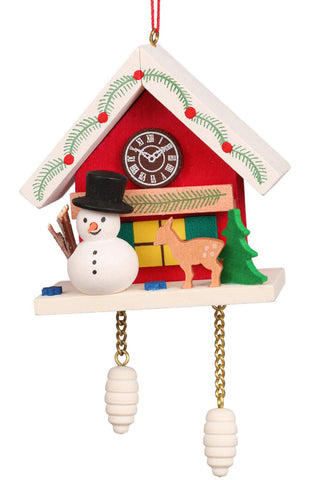 German Christmas Ornament: Snowman with Red Cuckoo Clock