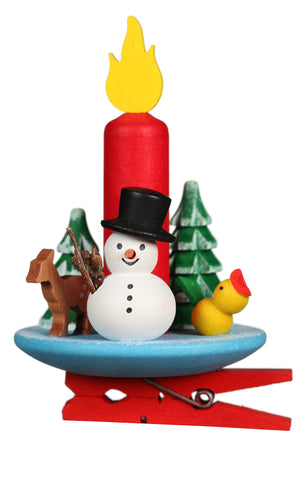 German Christmas Ornament: Clip On Candle with Snowman