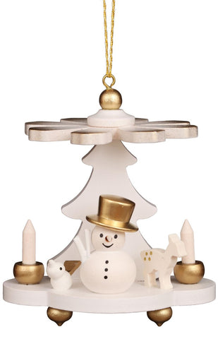 German Christmas Ornament: White Pyramid with Snowman