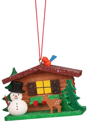 German Christmas Ornament: Snowman Cottage