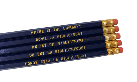 Engraved Pencil Set: WHERE IS THE LIBRARY? in Five Languages