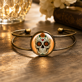 Day of the Dead Marigold Calavera Brass Cuff Bracelet