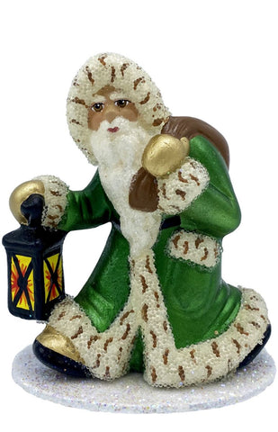 German Papier Mache Santa with Lantern & Green Coat