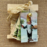 Silk Ribbon & Gift Card Set: Cream with Christmas Gnomes & Toadstool Tags