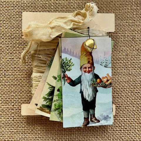 Silk Ribbon & Gift Card Set: Cream with Christmas Gnomes & Toadstool Tags
