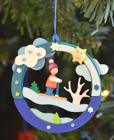 German Christmas Ornament: Circular Ski Scene