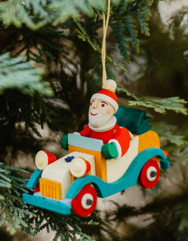 German Christmas Ornament: Old Time Automobile Santa