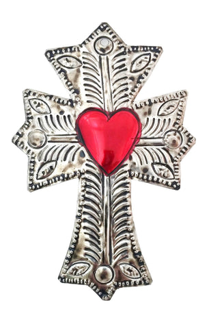 Mexican Tin Cross Ornament, with Heart