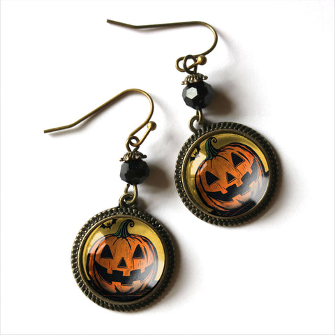 Retro Halloween Jack O' Lantern with Bat Earrings, Handmade in Detroit