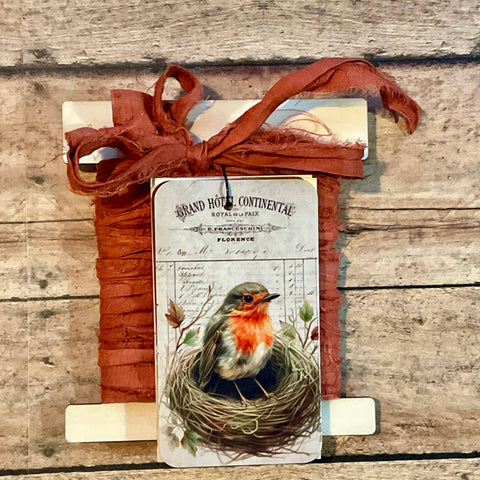 Silk Ribbon & Gift Card Set: Autumn Orange with Bird & Flower Tags