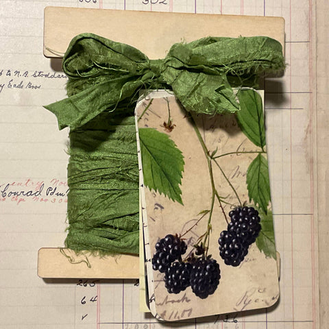 Silk Ribbon & Gift Card Set: Moss Green with Blackberry & Bird Tags