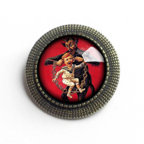 Krampus with Naughty Child Brooch, Handmade in Detroit