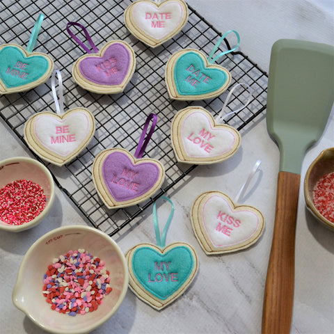 Felt Candy Heart Valentine Ornaments, Embroidered