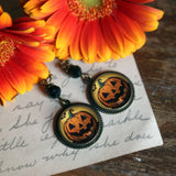 Retro Halloween Jack O' Lantern with Bat Earrings, Handmade in Detroit
