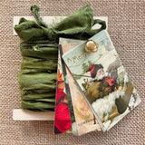 Silk Ribbon & Gift Card Set: Olive Green with Christmas Tags