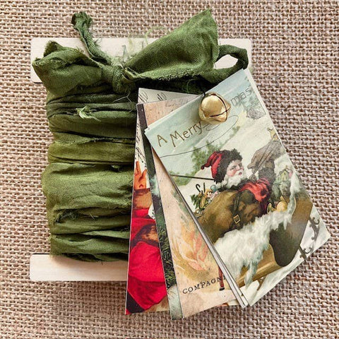 Silk Ribbon & Gift Card Set: Olive Green with Christmas Tags