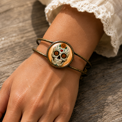 Day of the Dead Marigold Calavera Brass Cuff Bracelet