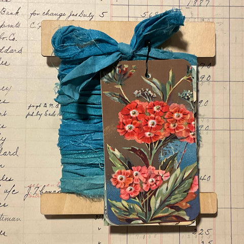 Silk Ribbon & Gift Card Set: Peacock Blue with Floral & Nature Tags