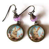 Bunny in Pink Tulips Earrings, Handmade in Detroit