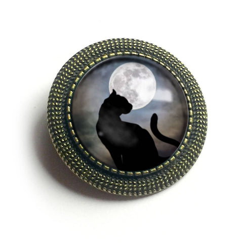 Black Cat & Full Moon Brooch, Handmade in Detroit