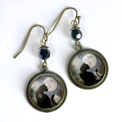 Black Cat & Full Moon Earrings, Handmade in Detroit