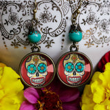 Calavera Earrings with Blue Eyes, Handmade in Detroit