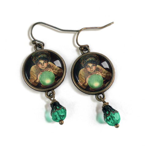 Fortune Teller with Crystal Ball Earrings, Handmade in Detroit