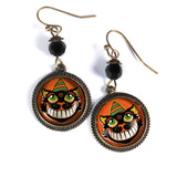 Grinning Black Cat Earrings, Handmade in Detroit