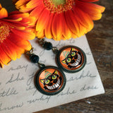 Grinning Black Cat Earrings, Handmade in Detroit