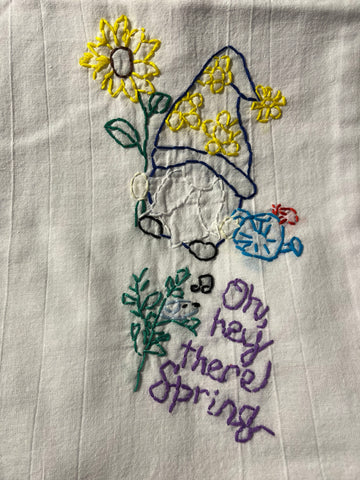 Millie's Tea Towels, Hand Embroidered: Spring Gnome