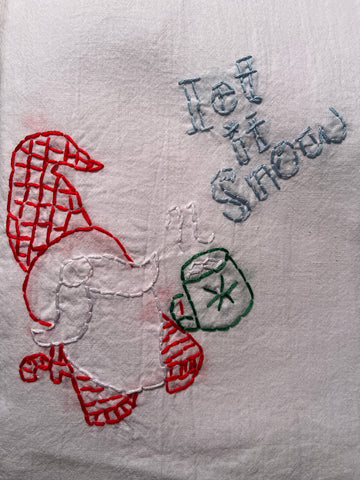 Millie's Tea Towels, Hand Embroidered: Let It Snow Gnome