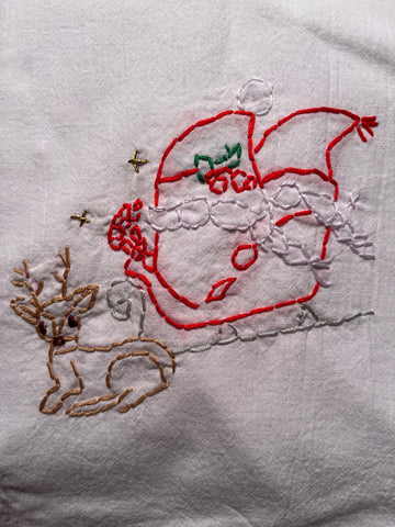 Millie's Tea Towels, Hand Embroidered: Gnome with Sleigh & Reindeer