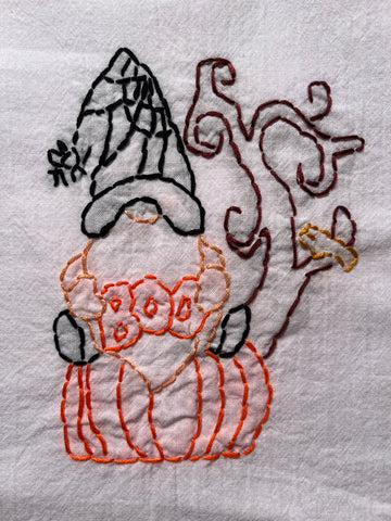 Millie's Tea Towels, Hand Embroidered: Halloween Pumpkin Gnome