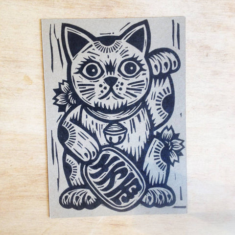 Maneki-neko Lucky Beckoning Cat Postcard/Miniprint: Letterpress, Linocut