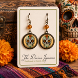 Day of the Dead Marigold Calavera Glass Cabochon Earrings, Handmade in Detroit