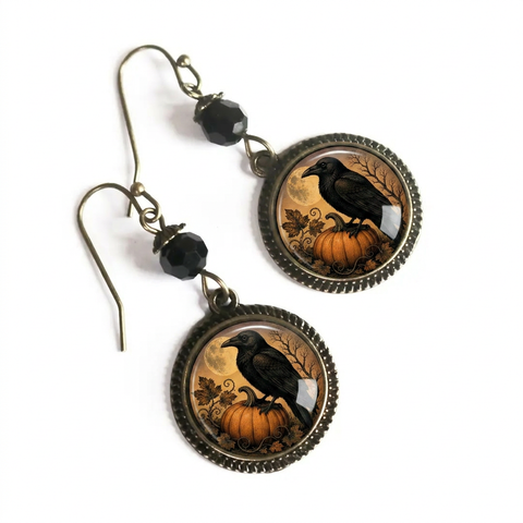Harvest Moon Raven Glass Cabochon Earrings, Handmade in Detroit