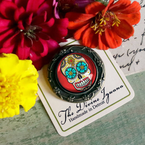 Sugar Skull with Blue Eyes Brooch, Handmade in Detroit